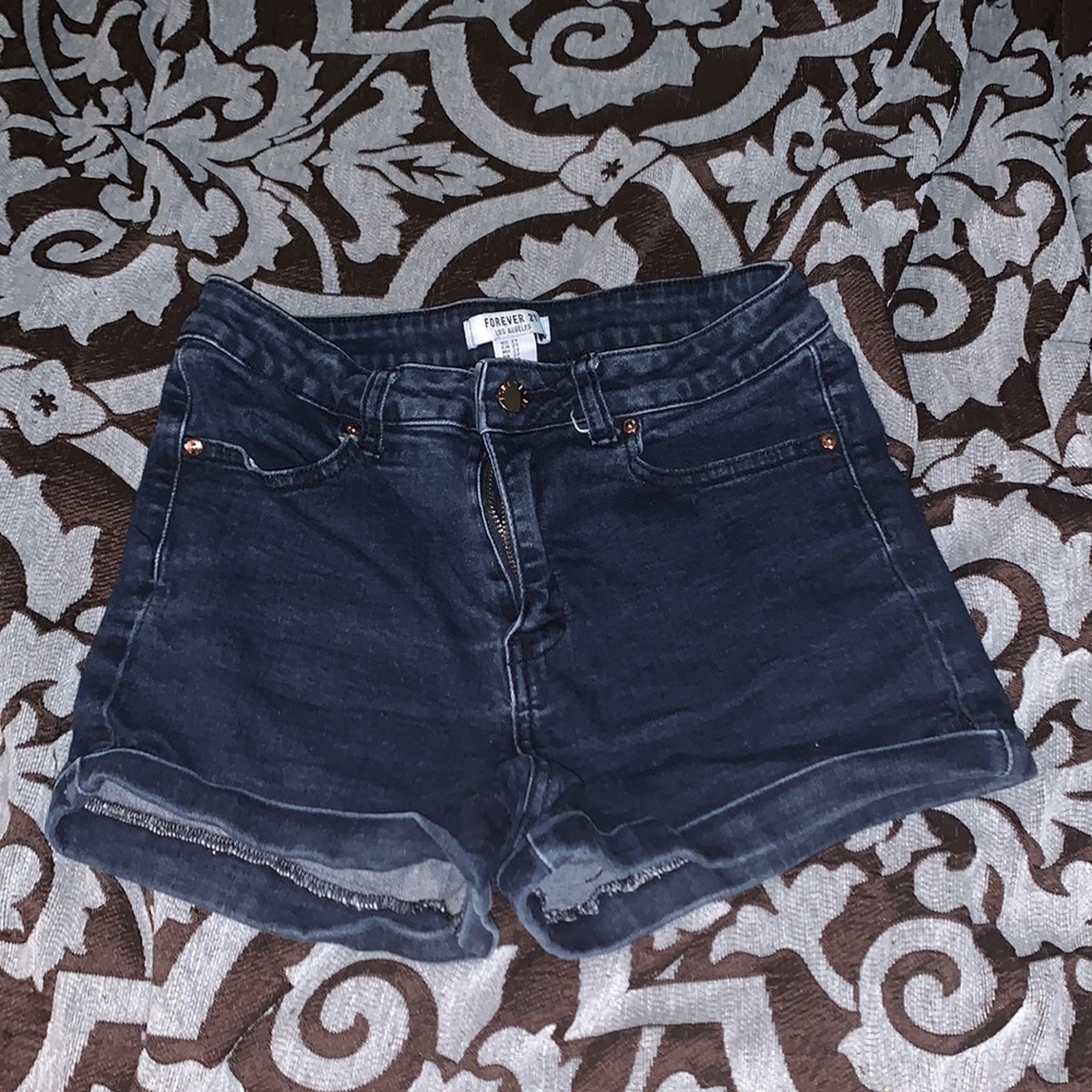 High rise dark denim shorts